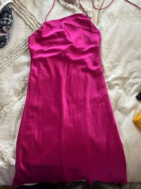 Lulu's Satin Halter Midi Dress in Fuchsia